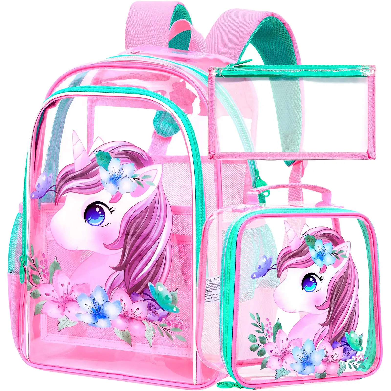 

3PCS Clear Backpack for Girls, Unicorn Cat Transparent Bookbag, See Through School Bag for Kids Elementary