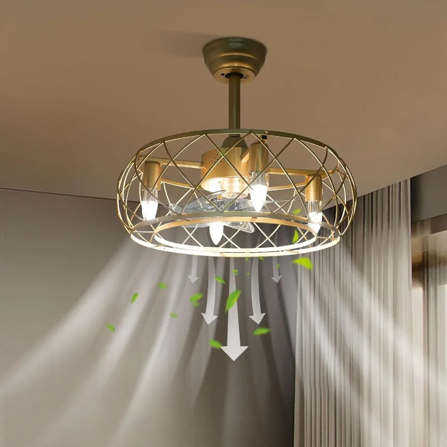 20'' Gold Cage Design Ceiling Fan with 3-Speed Operation Remote Control Functionality Industrial Enclosed Metal Construction Ch