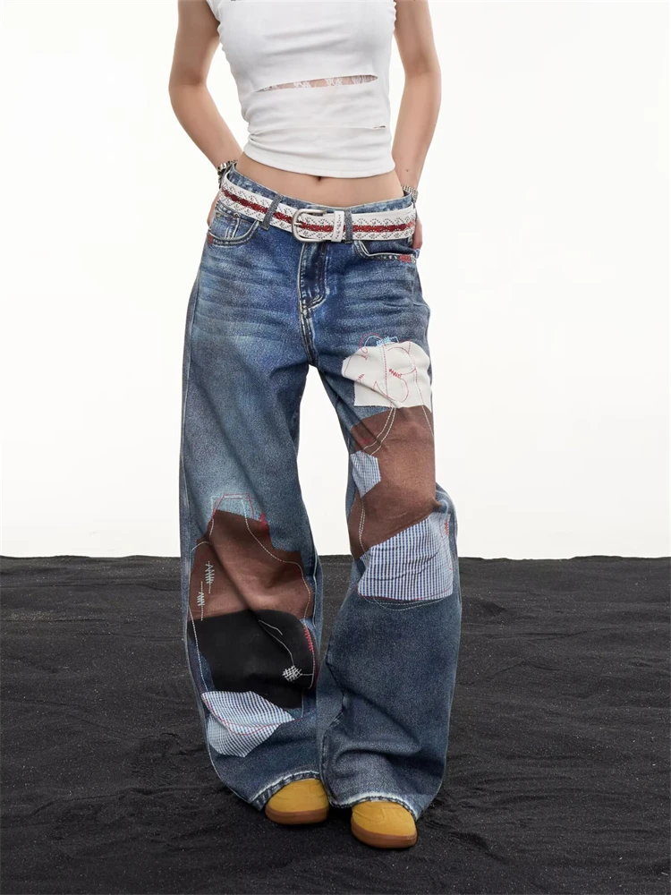 Women's Color-blocking Design Jeans Street Blue Casual Pants High Waist Trousers Girl Retro Bottoms Female Wide Leg Sweatpants