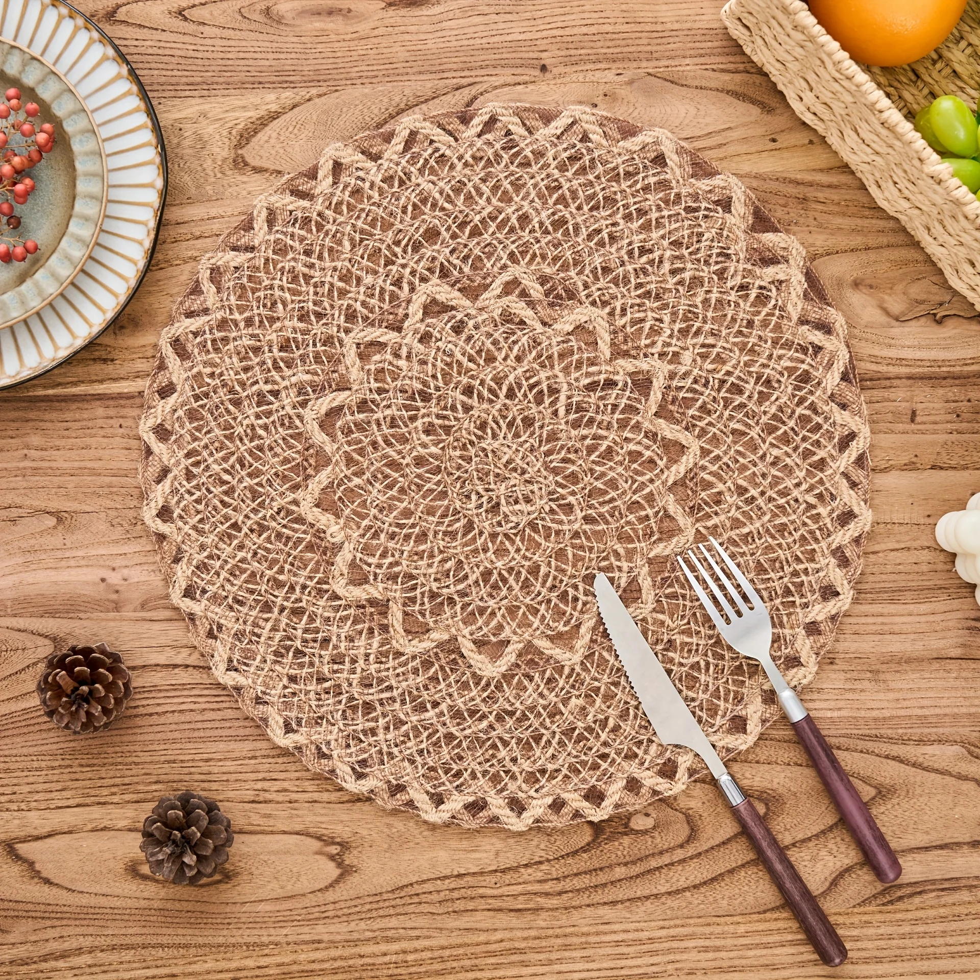 1/2/4/6pcs Jute Round Double Loop Placemats - Rustic Vintage Style Table Decor Mats for Kitchen, Dining Table, Tea Tray Coasters