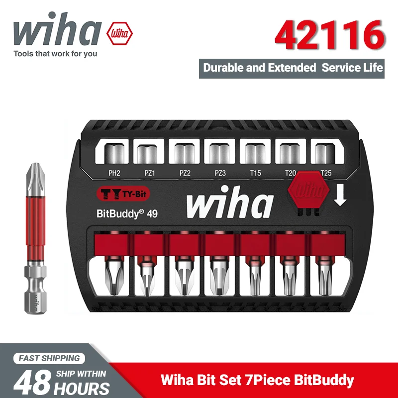 Wiha 42116 Bit Set 7Pieces BitBuddy® TY Bit 49mm Phillips Pozidriv TORX Extended Service Life and Durable