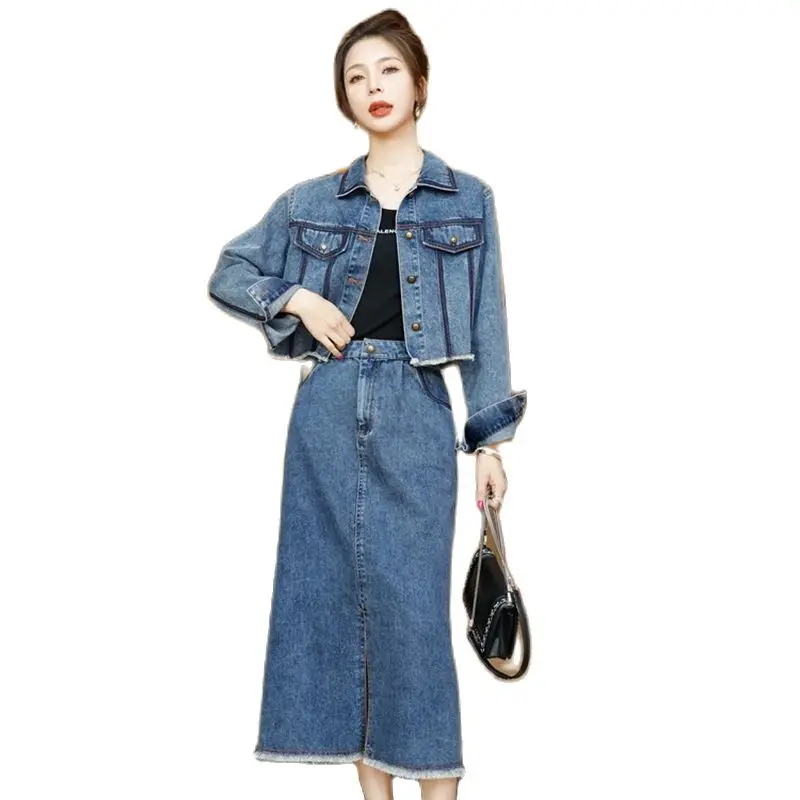 Denim Skirt Suit Women's Short Coat With Long Skirt 2023 Spring Autumn New Loose Everything Fashion Senior Sense Two-piece Set X