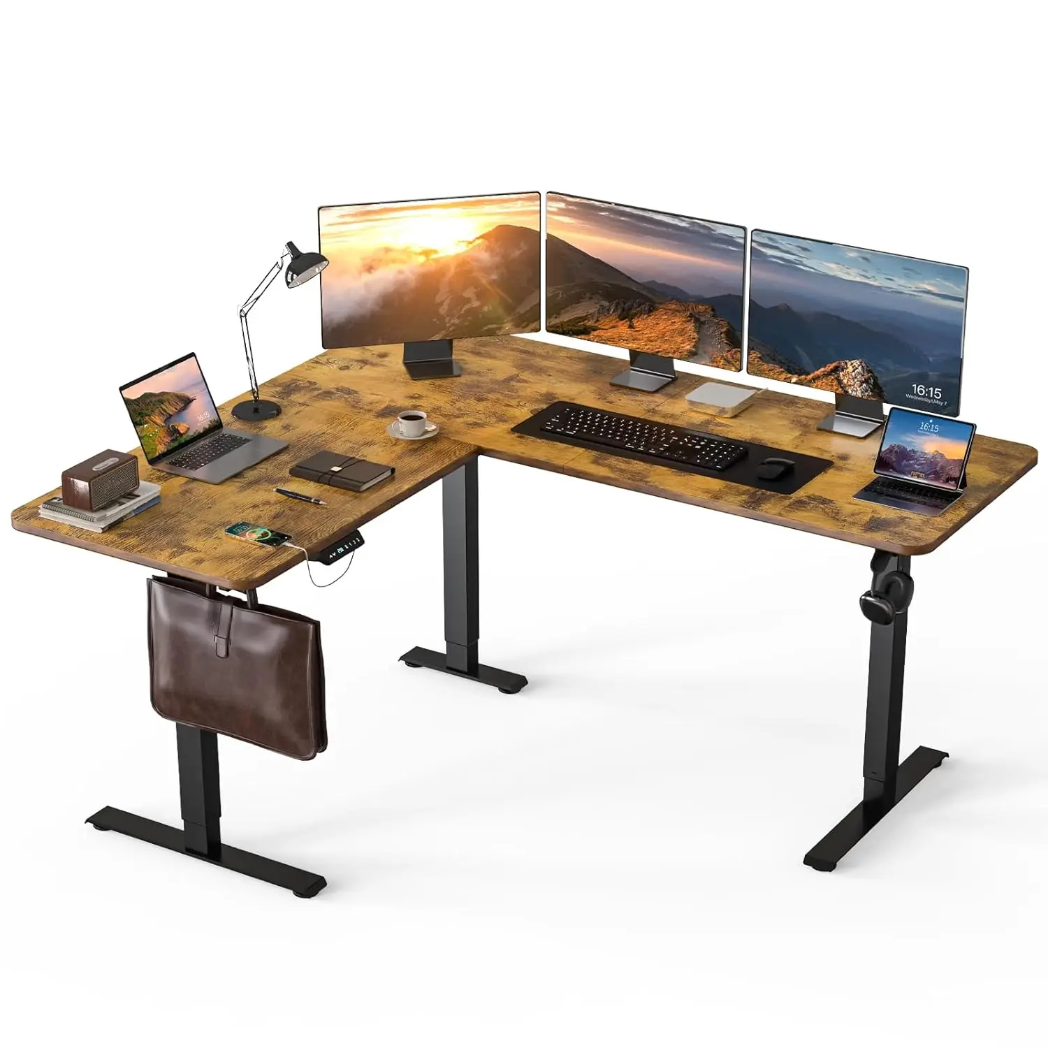 

63x55in L-Shape Electric Height Adjustable Corner Computer Desk Ergonomic Workstation Home Office Rustic Brown, Customized