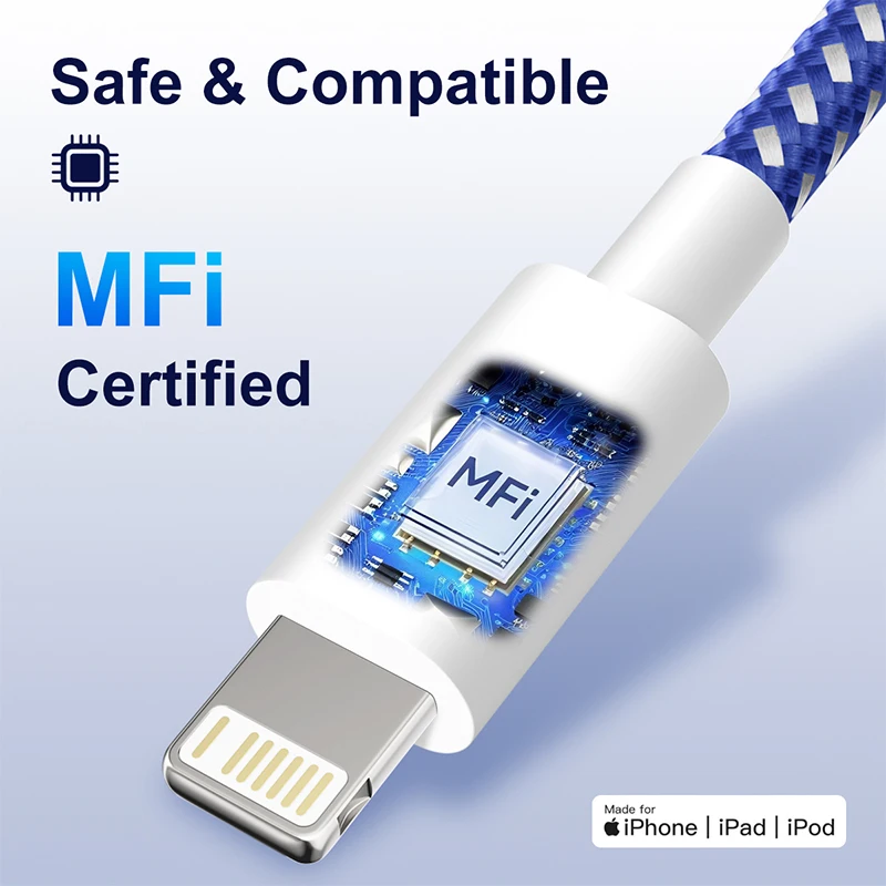 USB إلى البرق كابل بيانات شحن سريع سلك شاحن خط آيفون 14 13 12 11 برو ماكس XR XS X 8 7 6 MFI معتمد مضفر