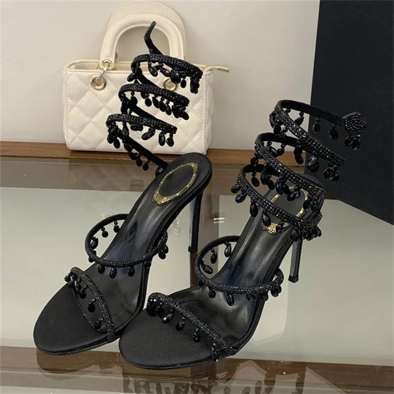 Eilyken New Sexy Thin High Heels Pendant Crystal Diamond Women Sandals Street Style Ankle Strap Banquet Prom Shoes - view 4