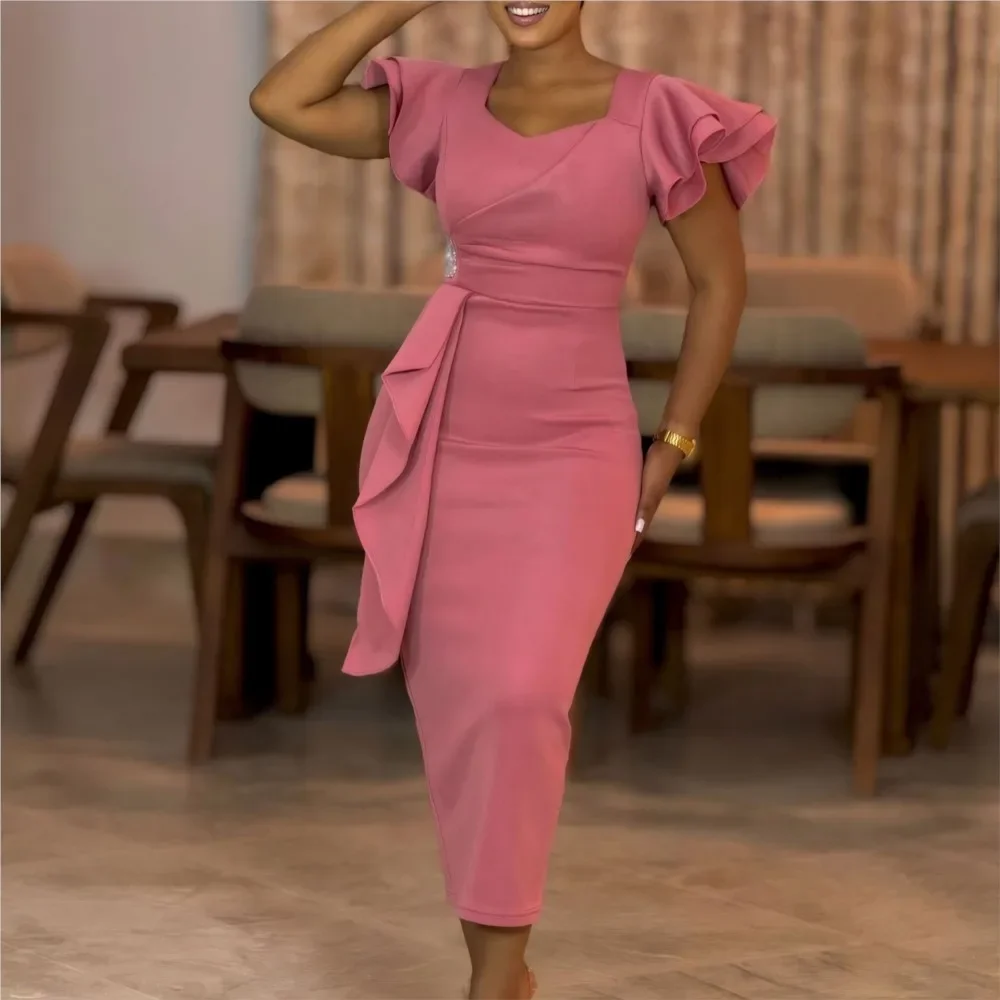 CPSYMYM Fashion Ruffled Slimming Women's Dress Summer New Short Sleeved Slimming Body Hugging Elegant Female One Step Office Dre