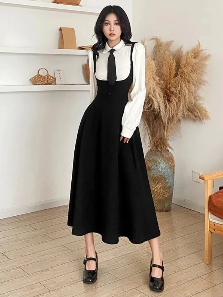 Women Sets Solid French Style Black Strap Midi Dresses Folds Female Trendy Casual Autumn White Shirts Simple Chic Ins Vintage