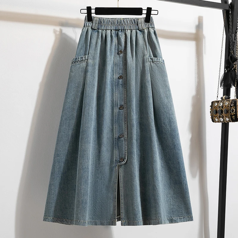 High Waist A-Line Midi Skirt Women's Summer Jeans Half-length Single Button Slimming Umbrella Skirt Commute Style Pure Color