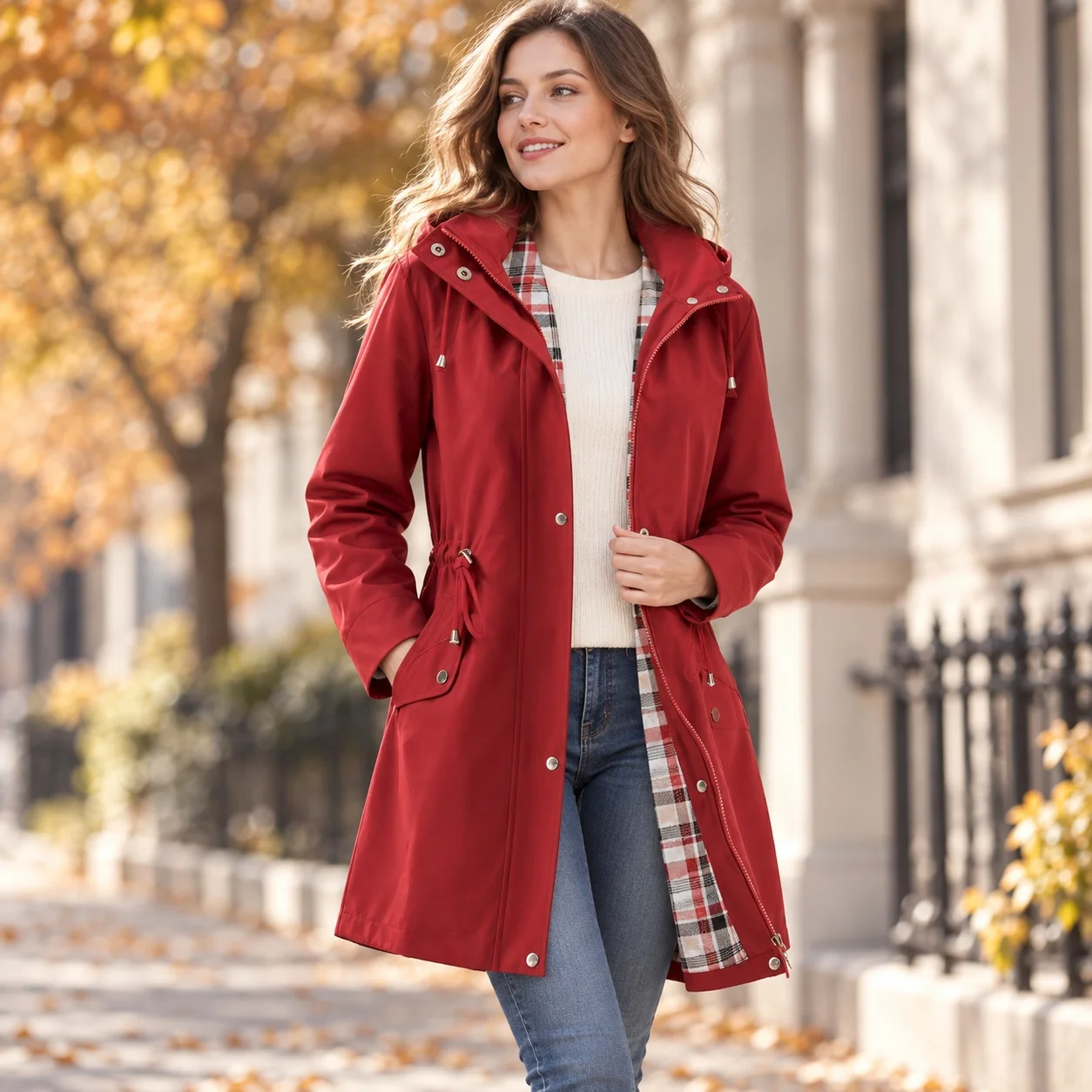 Plaid Hooded Coat Regular Fit Elegant with Zipper Closure Graceful Commuter Wrinkle Finish Long Sleeve Women Autumn Coat