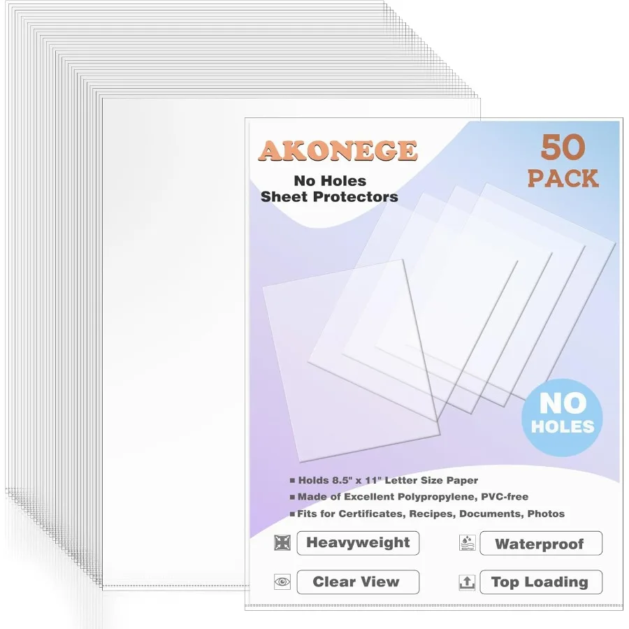 

50 Pack No Holes Sheet Protectors 8.5 x 11 Ih Letter Size Page Protectors for Documents Prints Top Loading Heavyweight Clear Vi