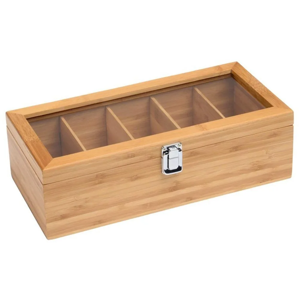 Practical 5 Compartments Tea Bag Storage Box Clear Lid Multifunctional Storage Box Wooden Organizer Box For Sugar Packets
