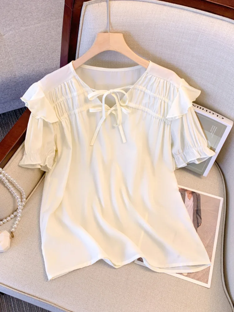 L-4XL Large Size Chiffon Blouses Women Summer V-Neck Lace Up Oversize Shirt Elegant Ruffles Short Sleeve Chic Big Tops Female