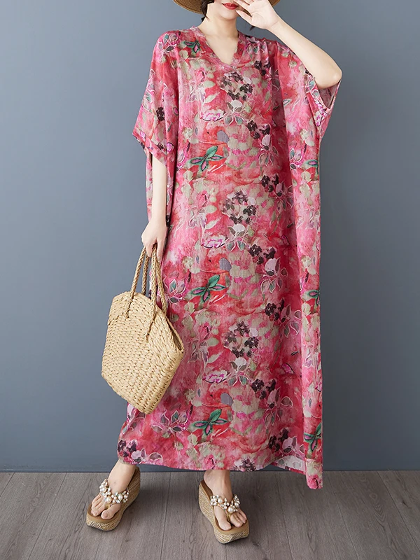 夏らしい花柄プリントのコットンリネンVネックワンピース、旅行や普段着に最適なゆったりとした半袖ロングスカート、体型を隠すツーリストドレス