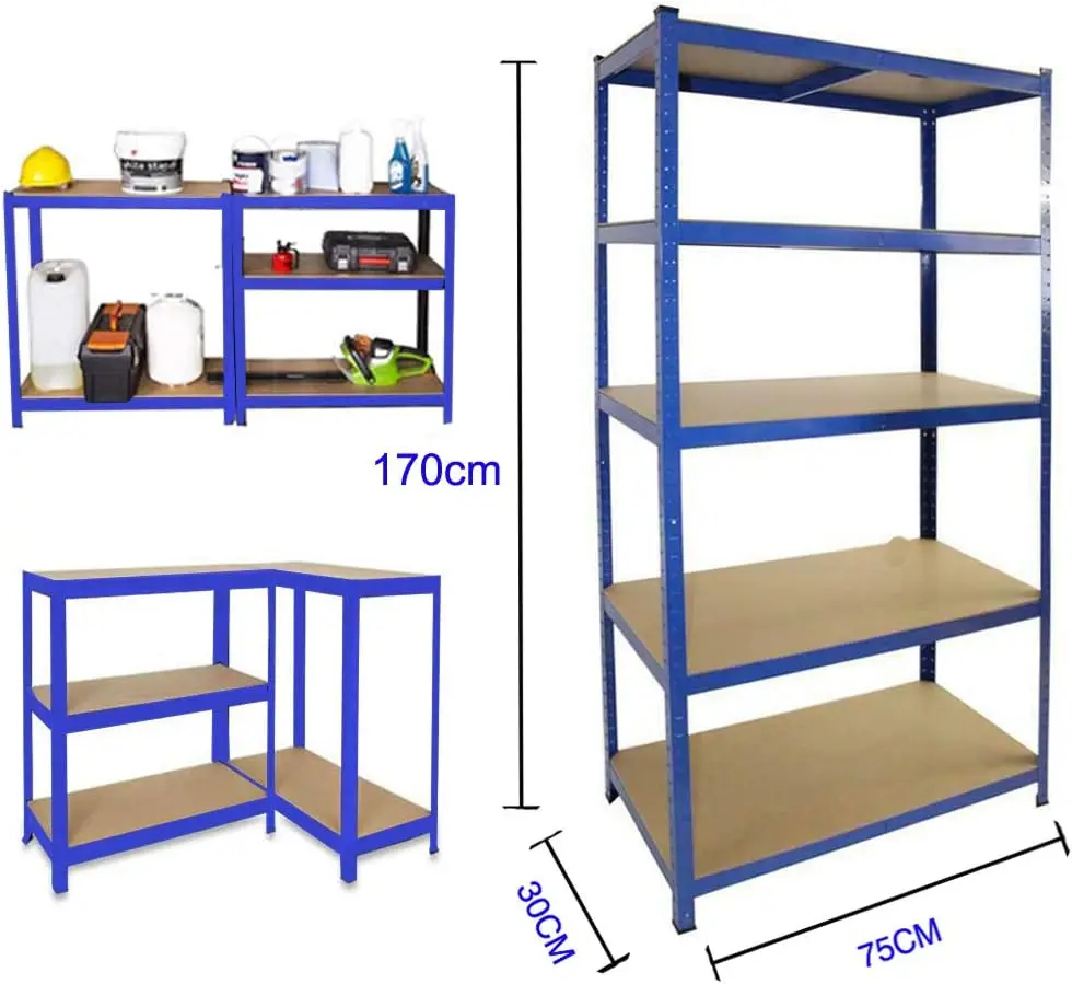 Zwaar uitgevoerde rek, metalen frame, 5x MDF-planken, in hoogte verstelbaar, garageplank voor garageopslag, blauw