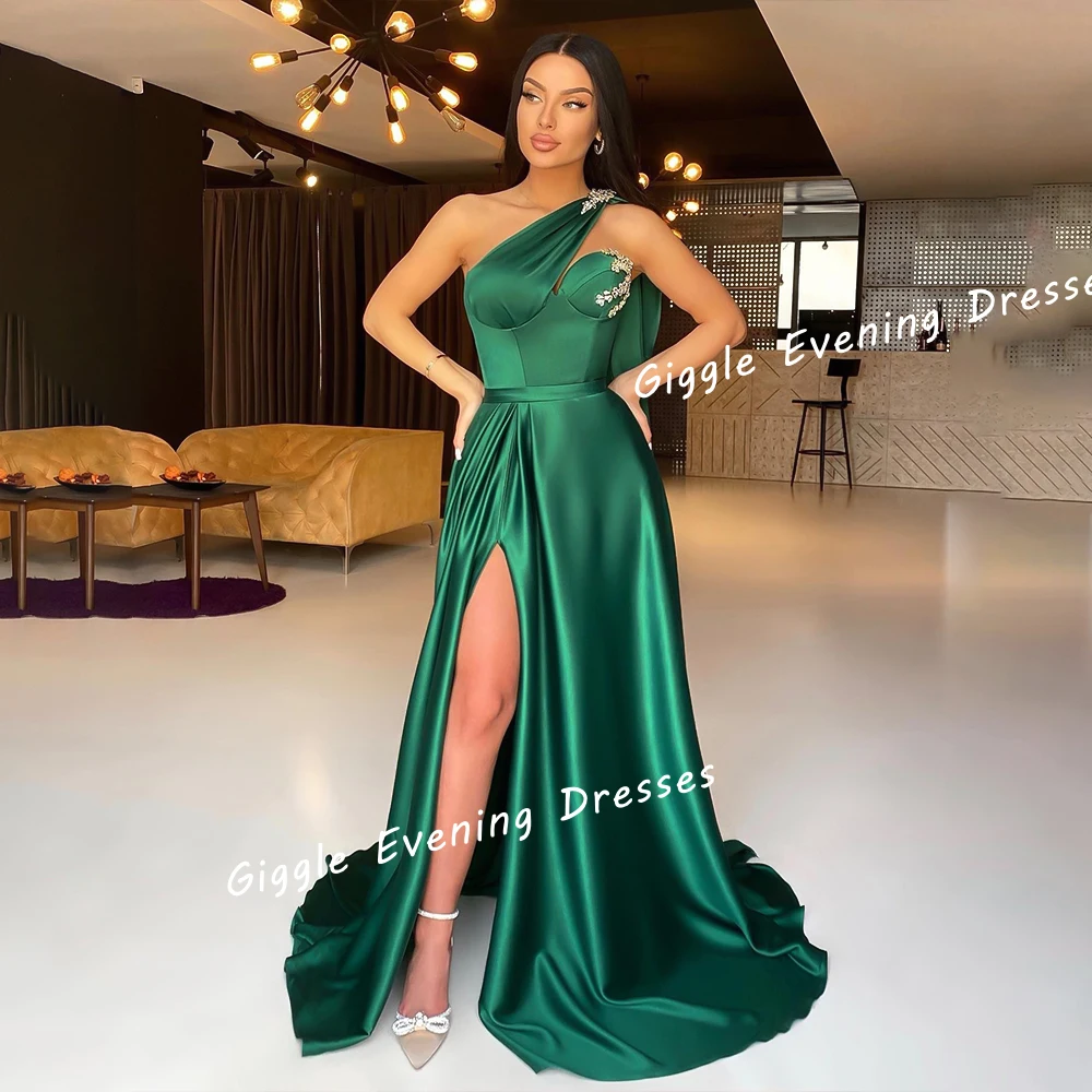 

Satin Beading Exquisite Slit Prom Gown Saudi Arab فساتين سهرة Royal Pleat A-Line Floor-Length Elegant Women Evening Dresses 2024