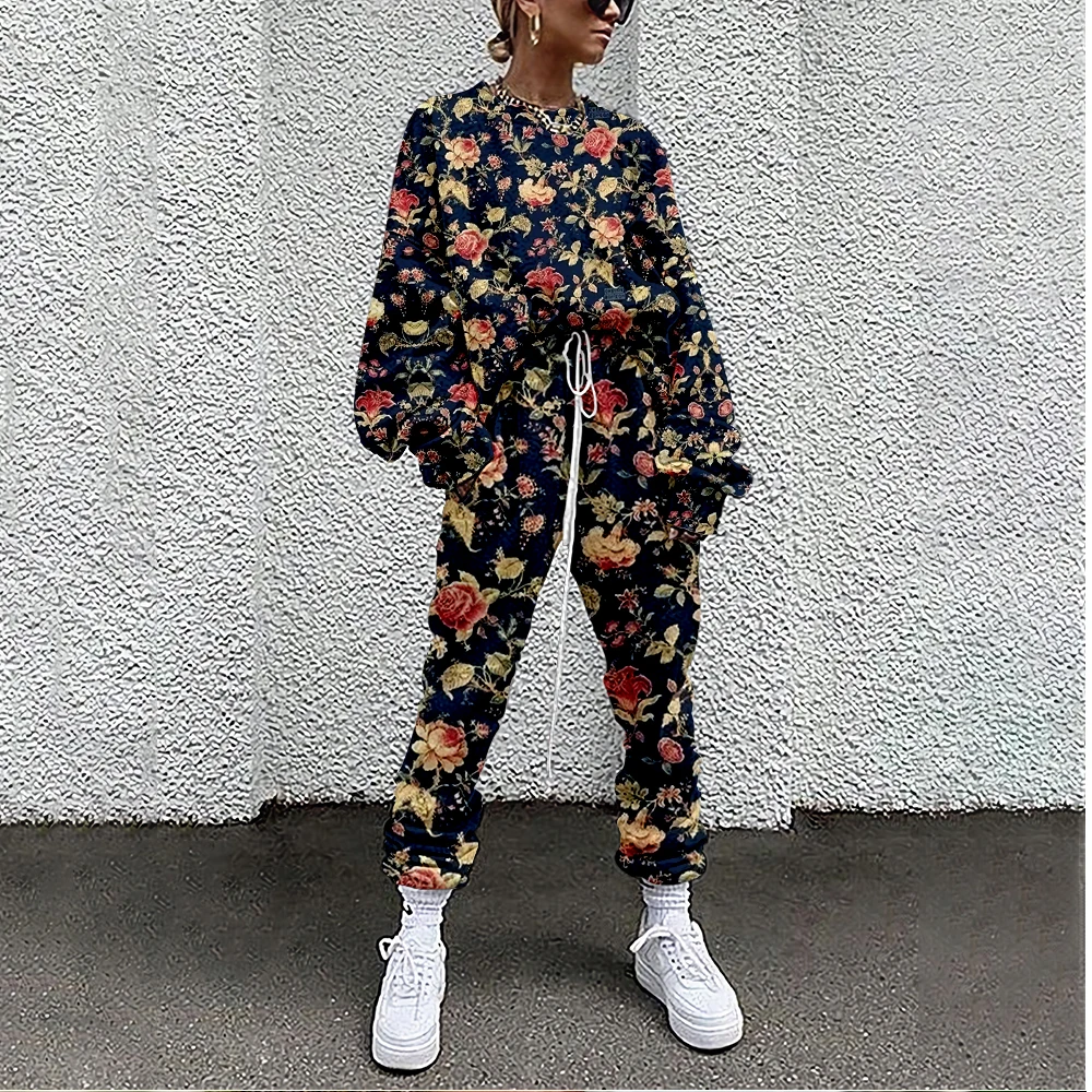 SOJINM Women Tracksuit Vintage Floral Print 2 Piece Outfit Sweatshirt+Straight Sweatpants Matching Set Fitness Sporty Streetwear