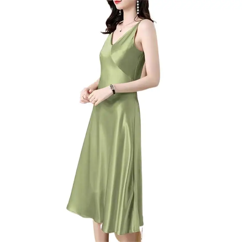 Elegante vestido longo de cetim feminino, elegante de escritório, cinta de espaguete, vestidos vintage, vestido de festa, verão