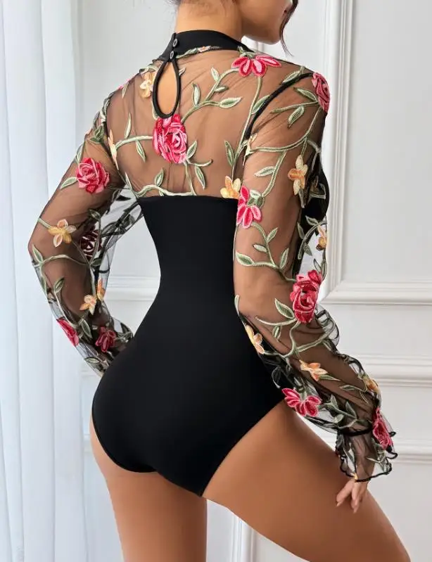 

Women's Jumpsuit Autumn New Sexy Sweet and Spicy Lace Patchwork Perspective Embroidery Long Sleeved Semi High Neck Jumpsuit