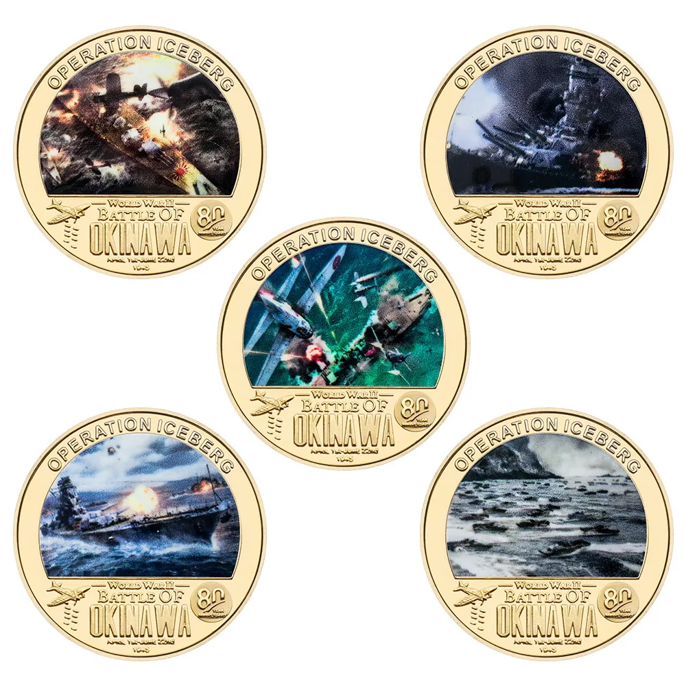 5Pcs WWII Battle of Okinawa Operation Iceberg Commemorative Coin Set, 80th Anniversary Gold Plated Military Collectible