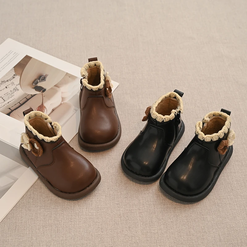 Girls Winter Ankle Boots, Faux Leather Side Zipper Booties Crochet Flower Fleece Lining, Non-Slip Soft Sole Kids Warm Short
