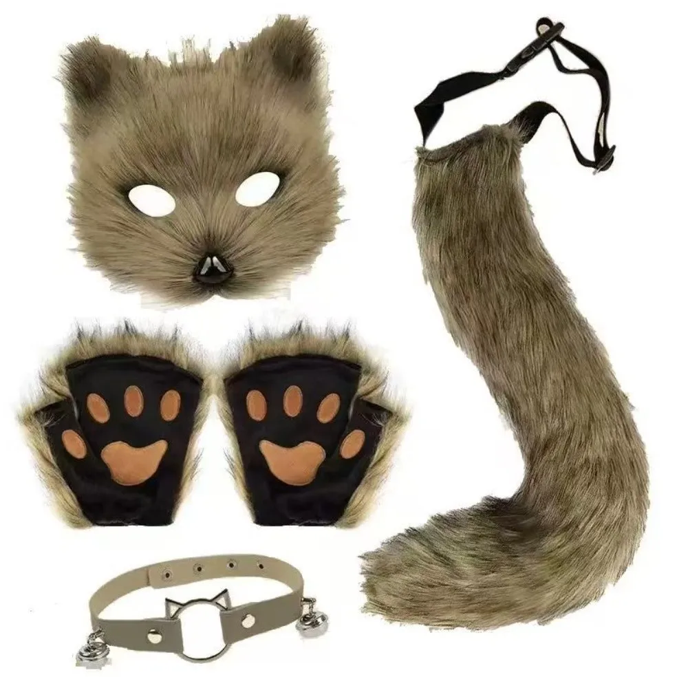 Fashion Funny Animal Costume Set Faux Fur Soft Cosplay Mask Dress-up Polyester Tail Mask Paw Gloves Full Set Masquerade