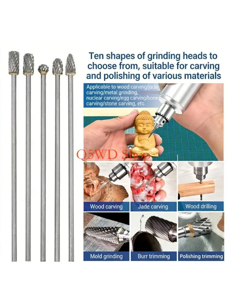 Q5WD 5/10Pcs Alloy Rotary Burrs Cylindrical Grinding Head Engineered for Precisions Machining High Hardness 3mm Shank