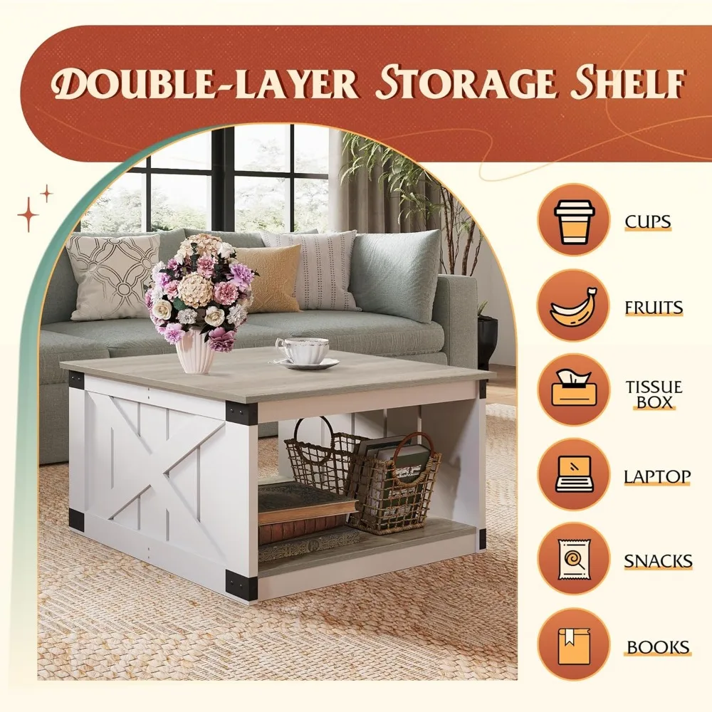 Farmhouse Coffee Table for Living Room, 31.5" Square Wood Coffee Table with Storage, 2-Tier Rustic Center Table with Sturdy X-F