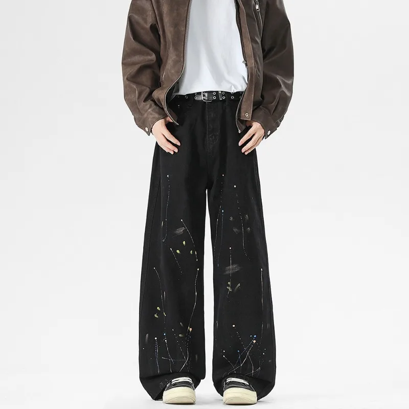 

Edgy Men's Splatter Print Jeans Black Washed Wide Leg Baggy Fit Streetwear Casual Premium Denim Pants