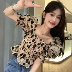 2024 New Fashion Square Collar Folds Puff Sleeve Sweet Floral T-Shirt Summer Female Clothing Loose Casual Tops Korean Tee Shir