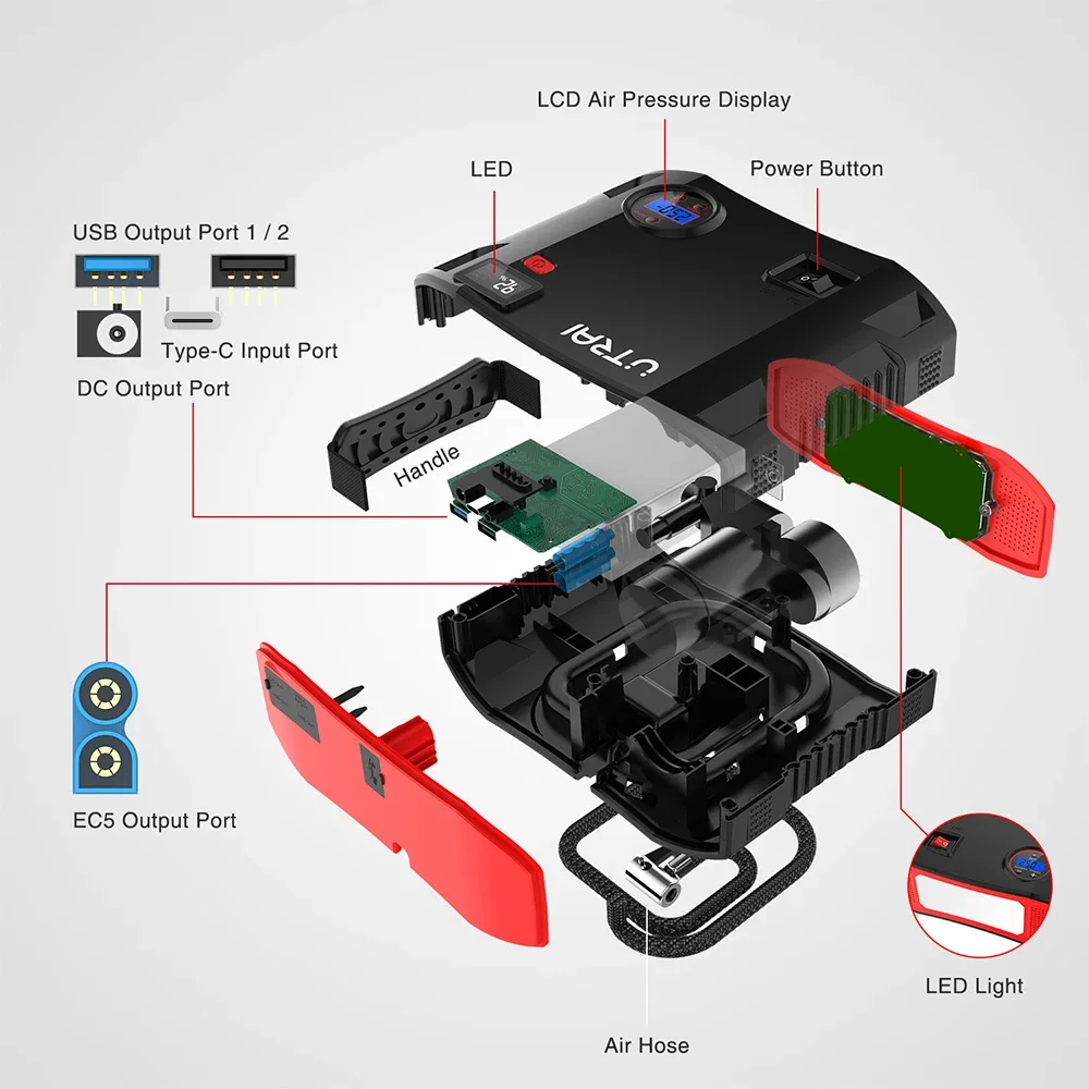 Portable Jump Starter with Air Compressor 2000A 24000mAh Power Bank Tire Inflator Pump 12V Starting Device Car Booster