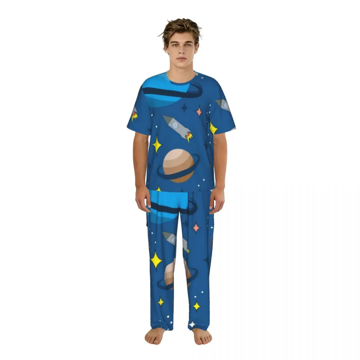 

Men Pajamas Suit Short Sleeved Long Pants Space Rockets Planets And Stars Sleepwear Summer Home Clothing Set