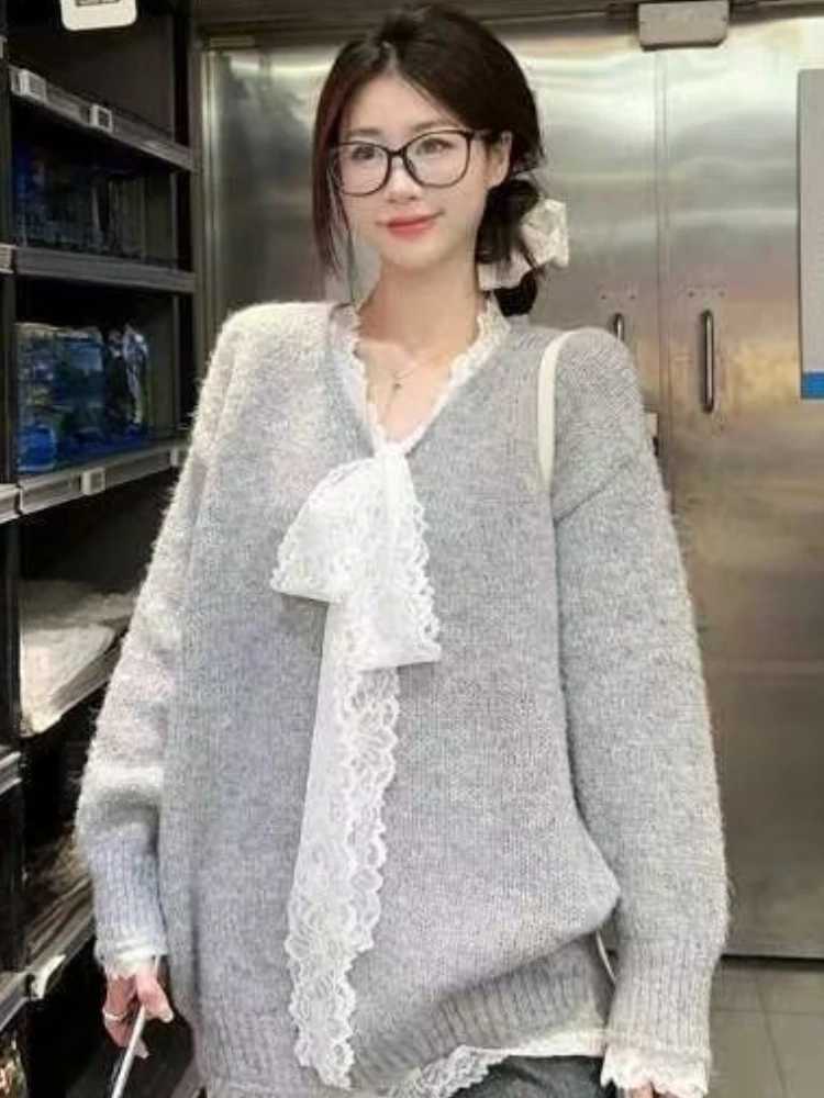 Y2K Japanese Loose Sweater Office Lady Autumn Winter Korean Fairy Bow Knitted Pullover Female Sweet Lace  Oversized Y2k Outfits
