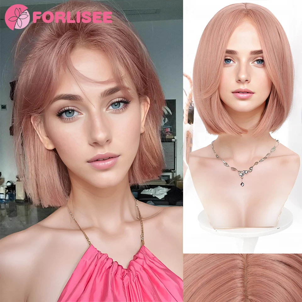 

Powdered Gold Bob Synthetic Wig Short Straight Hair With Bangs Multi-colored Halloween Cosplay Daily Wear High Temperature Wig
