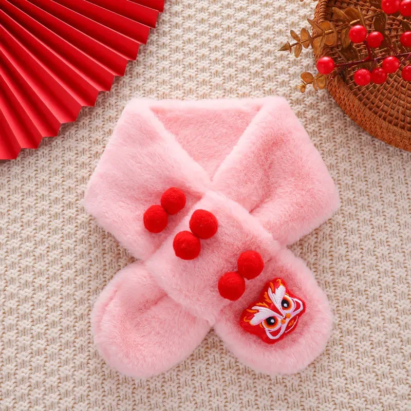 Sciarpa invernale per bambini Sciarpe incrociate rosse carine per Capodanno Cartone animato Fazzoletto da collo in peluche spesso Sciarpa calda per bambini