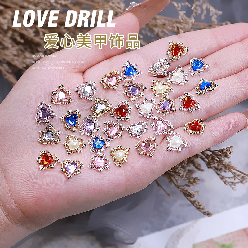 10 Pcs Japanese Nail Sailor Moon Heart-Shaped Diamond Metal Decoration 3D Love Shape Rhinestone Nail Art Mixed Parts Decors