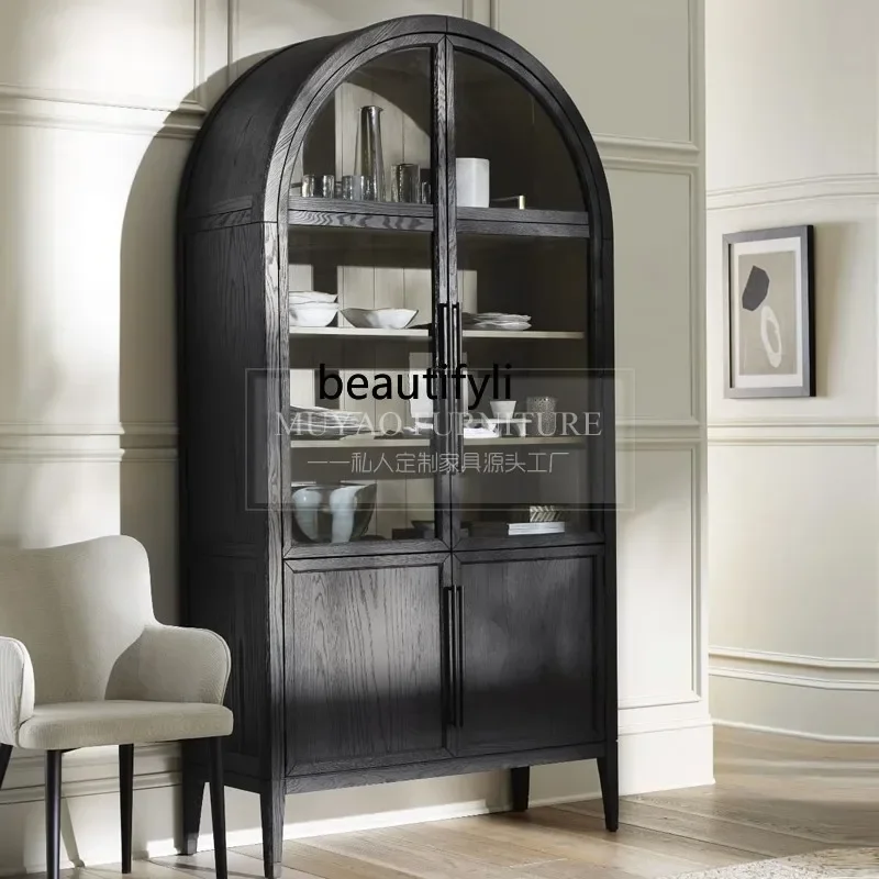zxqxx1French Arched American Retro Glass Door Wine Cabinet Storage Edge Black Decorative Cabinet