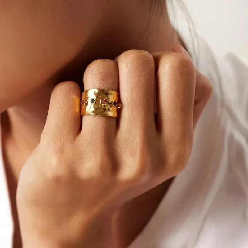 Colorful Crystal Wide Face Open Ring Vintage Gold/Silver Color Metal Ring Women Girl's Pary Jewelry Gifts image 3
