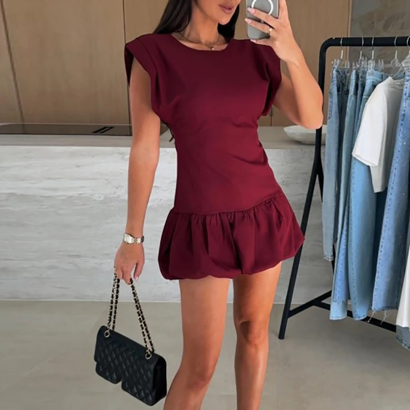 

Женское летнее мини-платье с круглым вырезом, коротким рукавом, облегающее, однотонное, для офиса, новинка 2026 года, с оборками и плиссировкой, для вечеринок