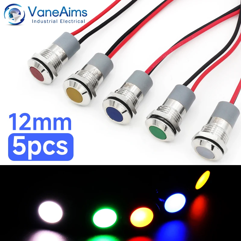 VaneAims 5PCS LED Metal Indicator 12mm Waterproof Panel Mounting Small Flat Signal Light 3-6V 12-24V Red Yellow Blue Green White