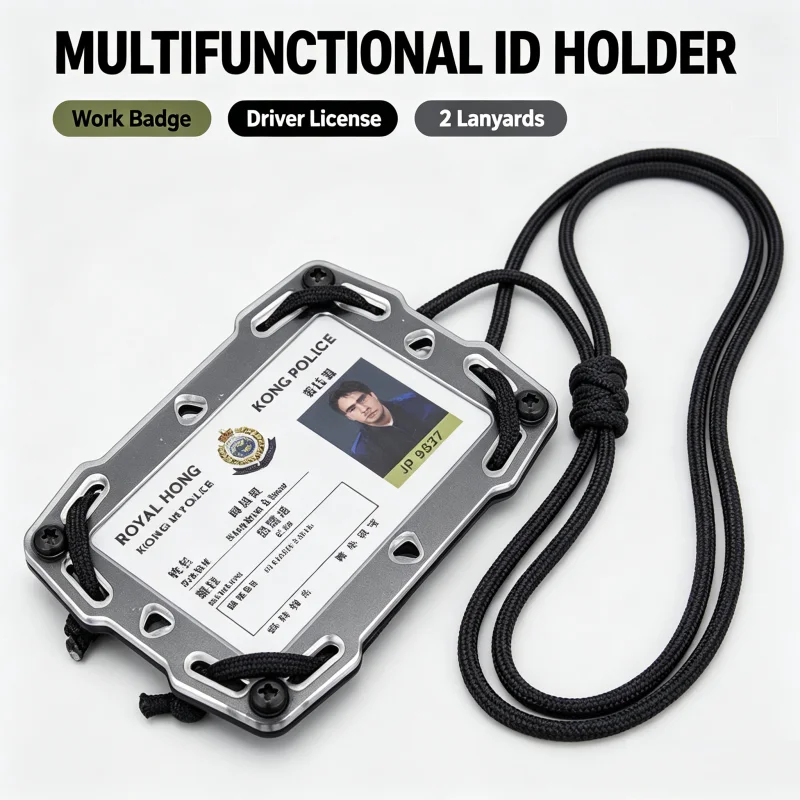 Porte-cartes multifonctionnel pour badge d'identité et permis de conduire avec 2 cordonnets différents pour le transport de cartes en extérieur