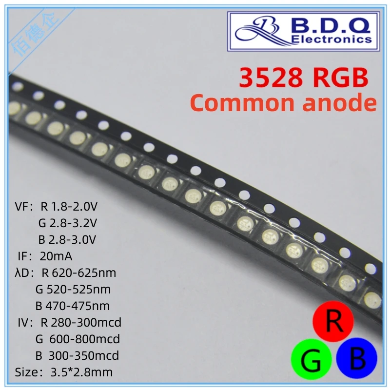 

3528 RGB Common anode 3-color LED Lamp Beads SMD LED Light 1210 Red Blue Green Light-emitting Diode High Bright Quality 100pcs