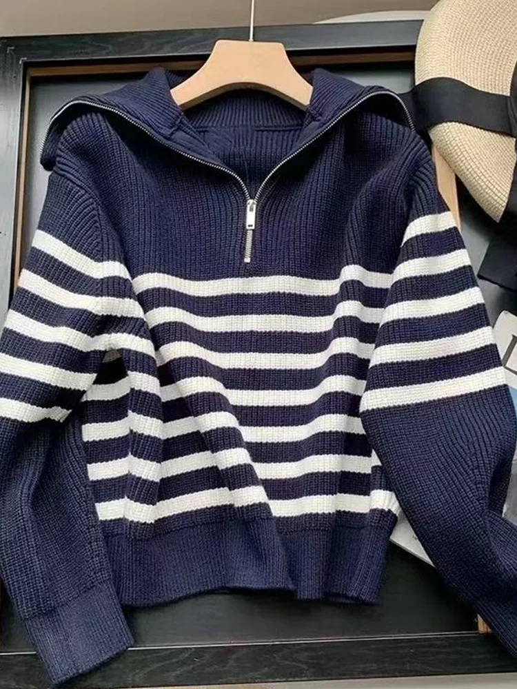 Nova moda listrado pullovers de malha blusas femininas outono inverno manga longa outwear elegante senhora do escritório roupas de inverno