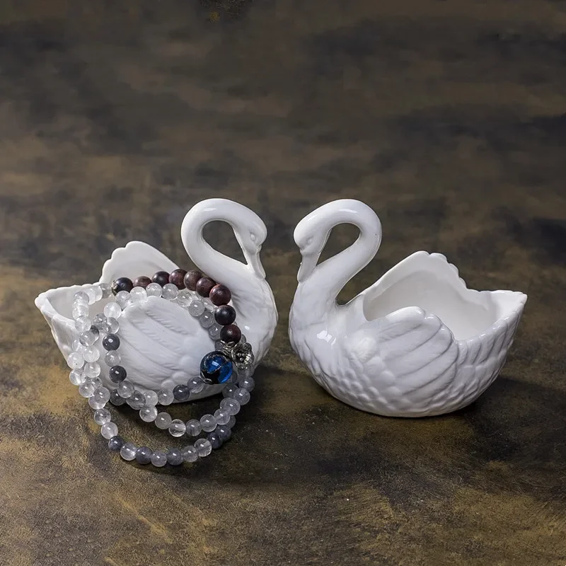White Ceramic Flower Pot Swan Succulent Plant Pot Candlestick Jewelry Storage Tray Flowerpot White