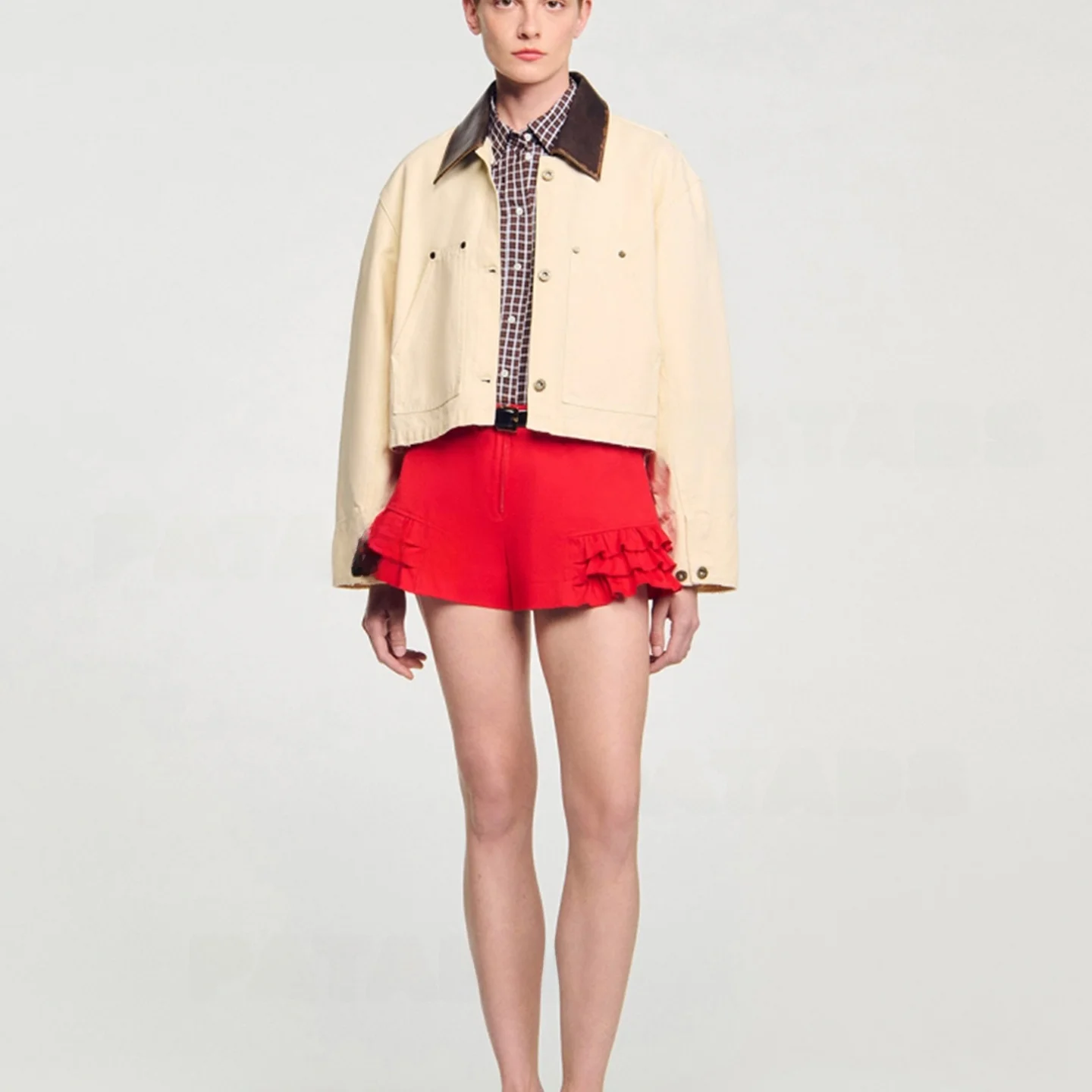 S Home Early Autumn Nieuwe dames retro leren kraag witte denim jas rechte snit lange mouw knoopdetail katoenmix