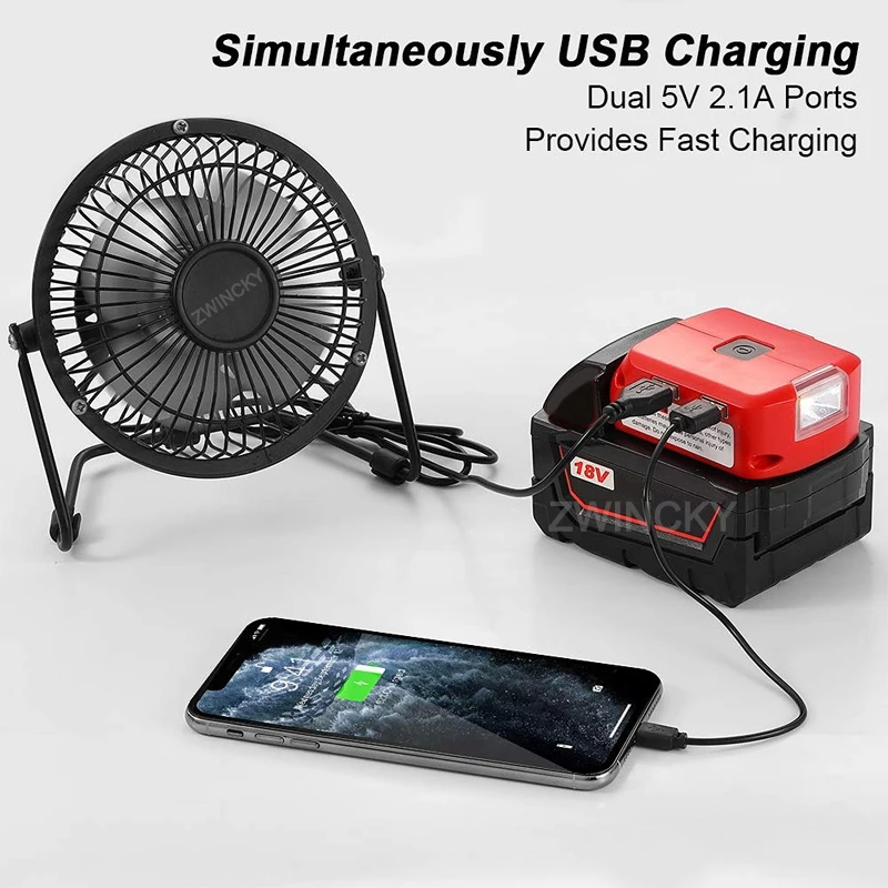 Imagem -04 - Adaptador de Bateria para Milwaukee Carregador Usb de Bateria 18v Fonte de Energia com Porta Usb Dupla dc 12v 2a Luz Led para Jaqueta Aquecida