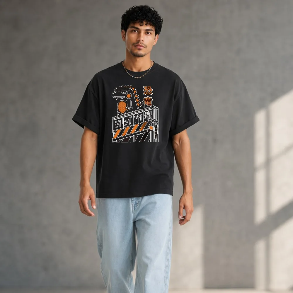 Graphic Tee Cotton Dinosaur Japanese Train Gate Print Crew Neck Short Sleeve Casual Streetwear Men Women Men Clothing Harajuku