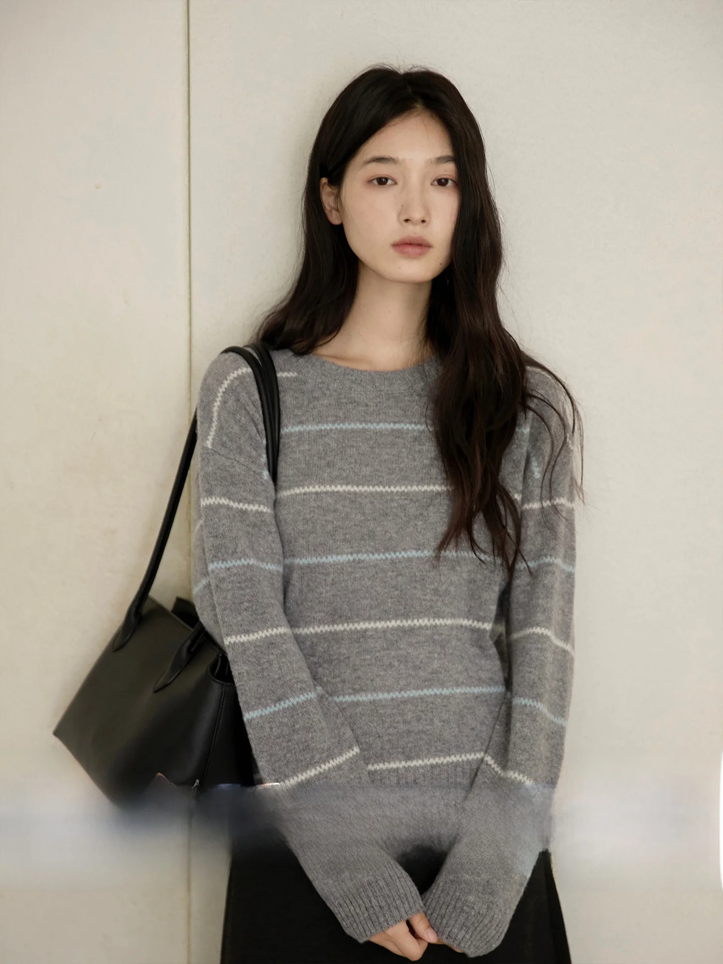 

GINNKEE 00% Wool Stripe Knit round Ne Sweater Casual Commute Sle Long Sve Warm Thermal Straight Fit Autumn Winter