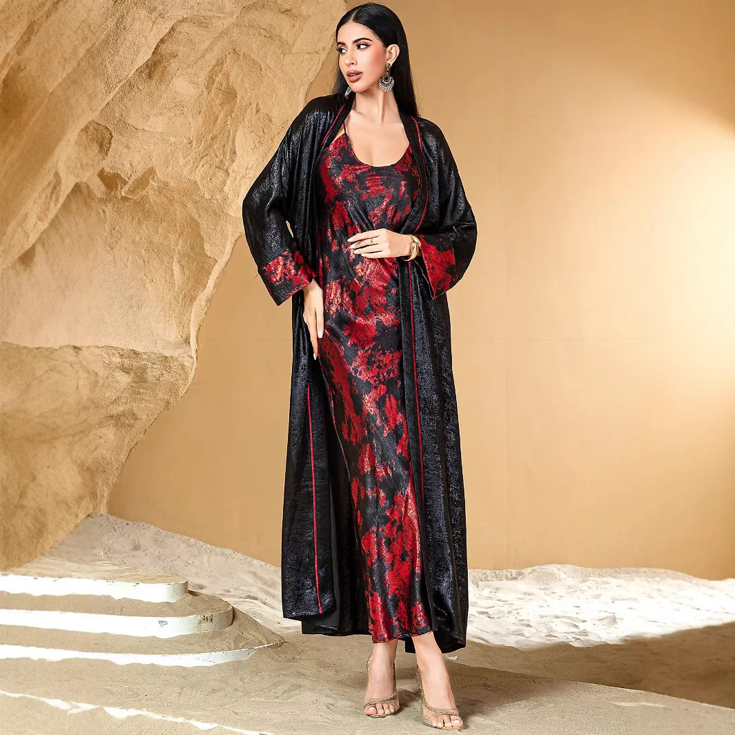 

Модные женские черные, красные мусульманские комплекты с принтом Ид Дубай Абая Турция Кафтан Рамадан Ислам Джалабия Кимоно Kebaya Кафтан Femme Robe