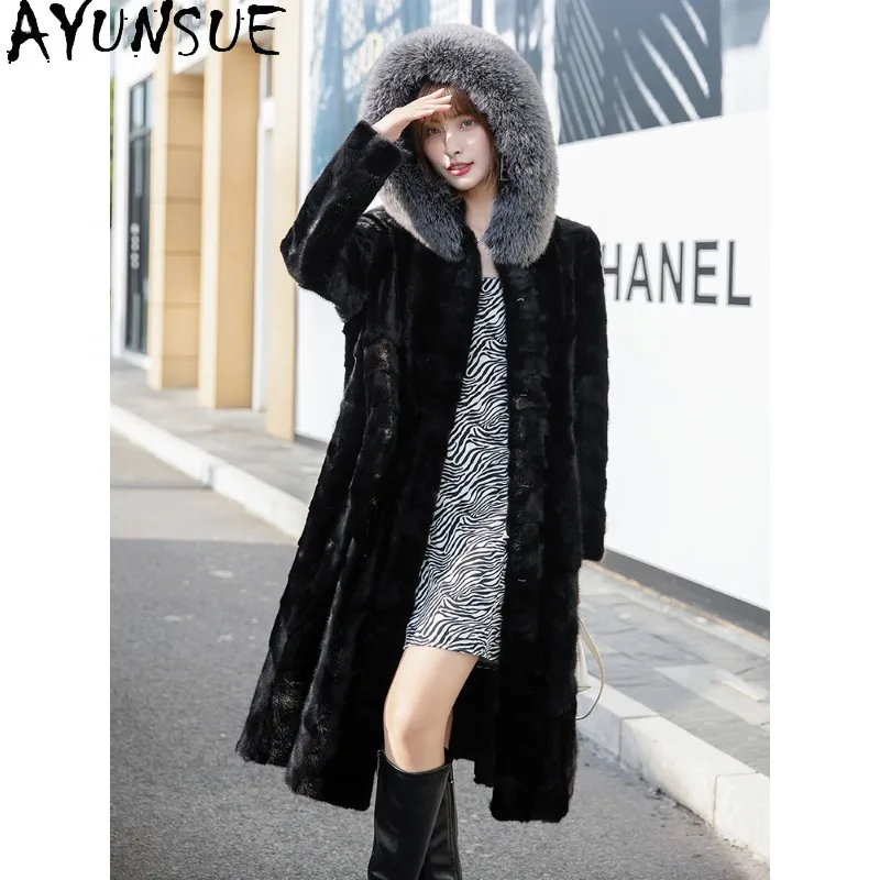 AYUNSUE معاطف فرو المنك امرأة 2025 معطف فرو طويل معاطف امرأة الشتاء الكورية ملابس عصرية للمرأة عالية الجودة Ropa Mujer