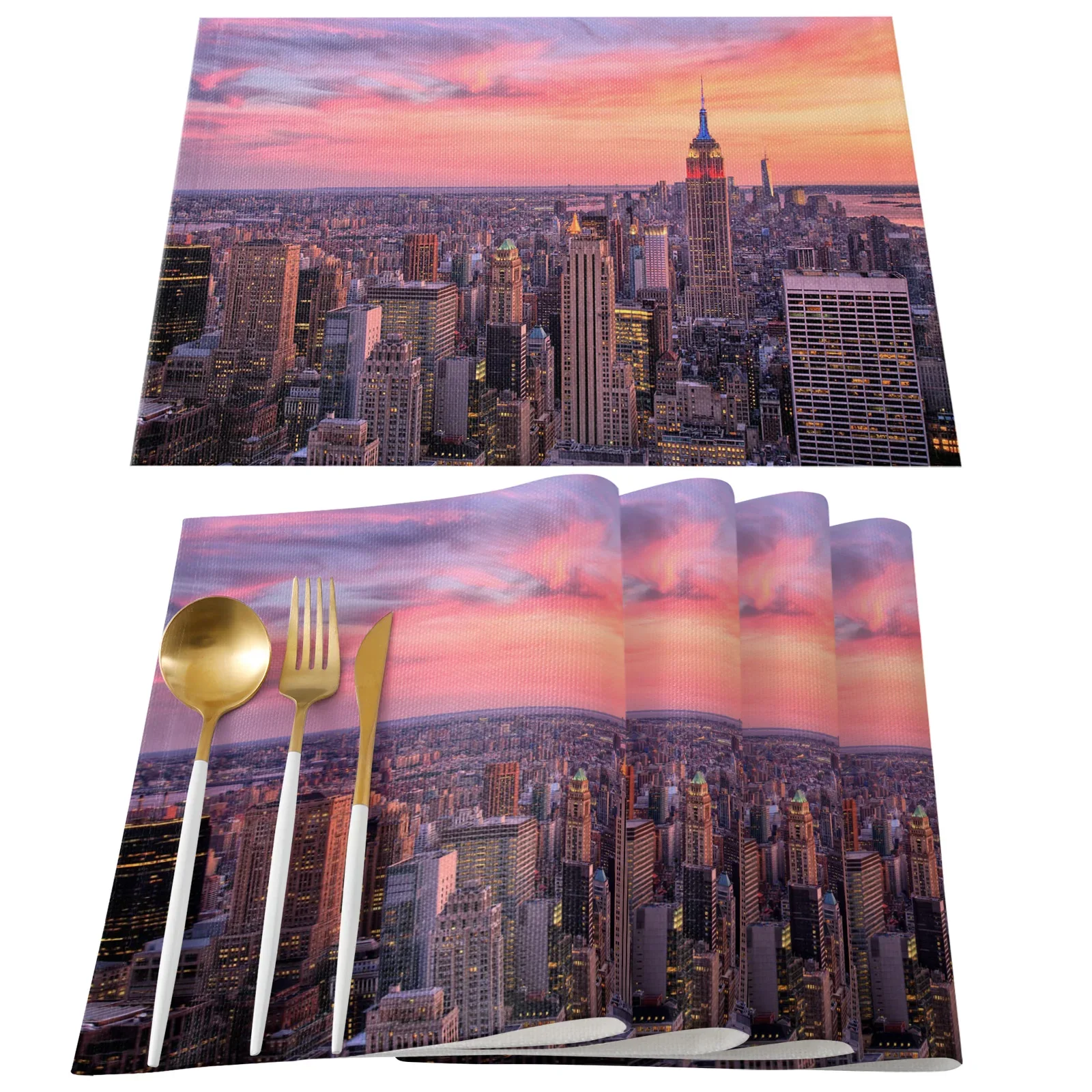

New York City Skyline Print Placemat Set, Cityscape Place Mats,Washable Dining Table Mat for Wedding Holiday Party Kitchen Decor